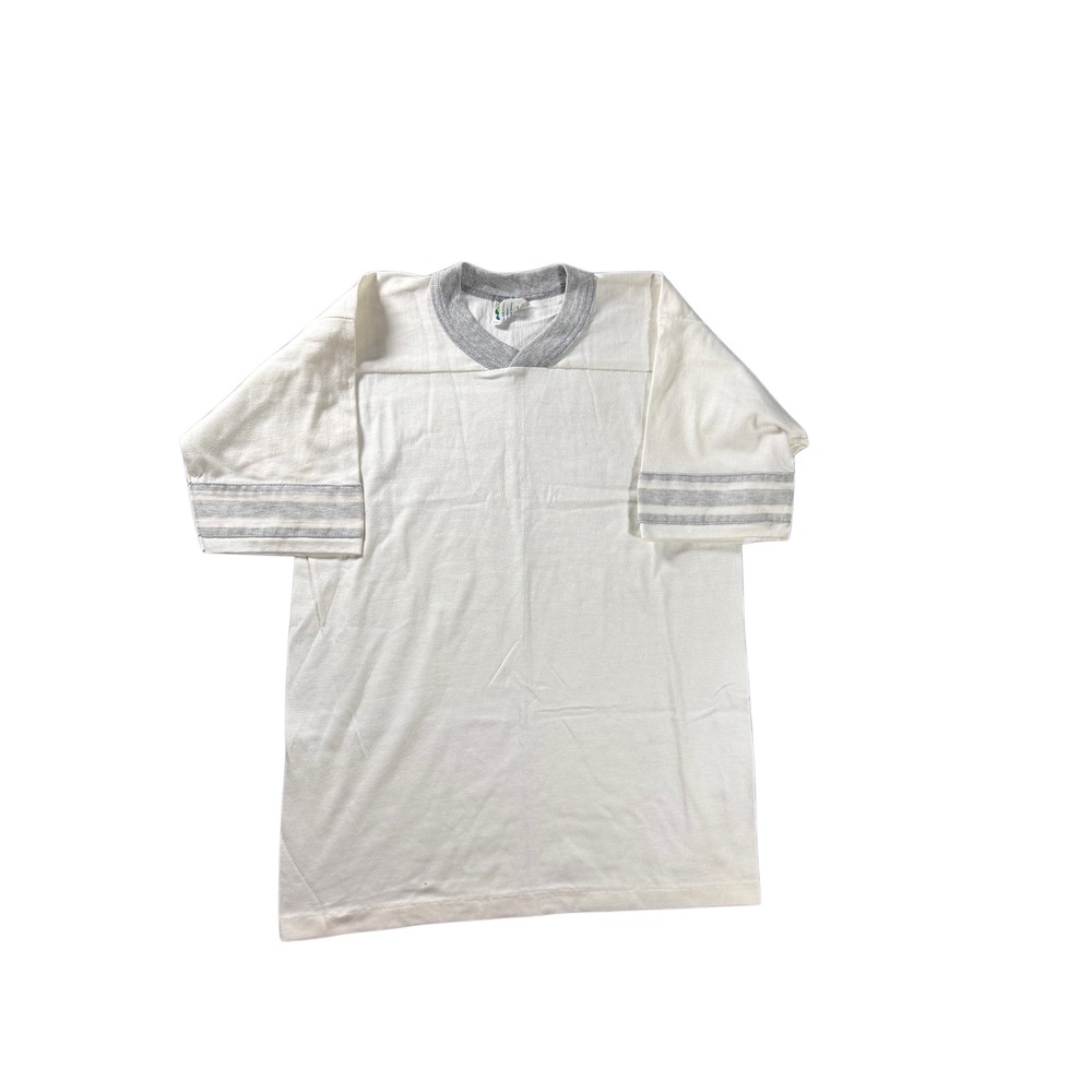 Vintage 80s Super Shirts White Gray Ringer Jersey V-Neck Striped Sleeve T-Shirt